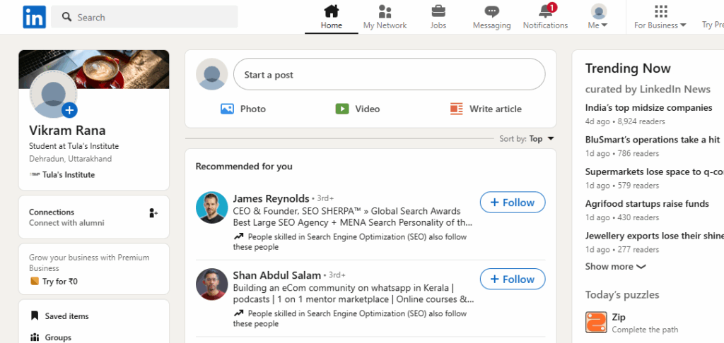 showing navigate to home page and  click on start a post image for better understanding